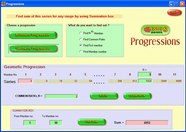 Arithmetic and Geometric Progressions - software interface